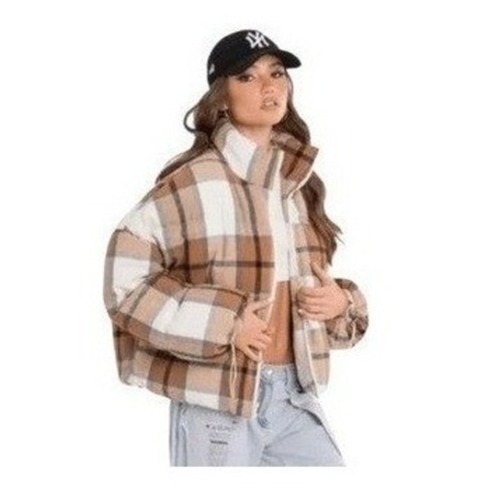 Edikted Presley Plaid Cotton Blend Puffer Jacket Brown Tan Cream Knit‎ M